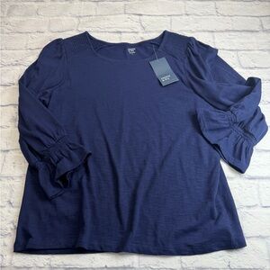 NWT Crown & Ivy Navy Blouse with Ruffled Sleeves & Smocked Shoulders. Size Large